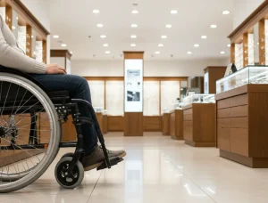 Persona con discapacidad accediendo a un comercio óptico adaptado, con rampas, pasillos amplios y atención inclusiva.